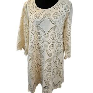 Pretty Angel Crochet Mini Dress Lined Linen Poly Boho Cottage COQUETTE Small NEW